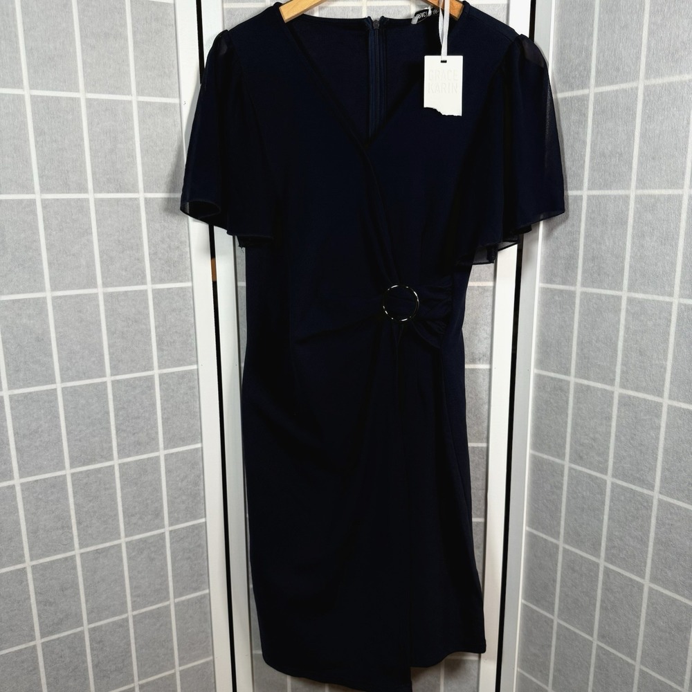 Grace Karin Wrap Dress Womens M Navy V Neck Buckle Knee Length Classic NWT